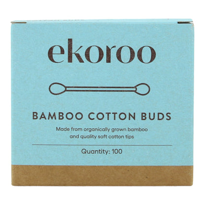 A closed box of 100 bamboo cotton buds, made from organically grown bamboo and quality soft cotton tips